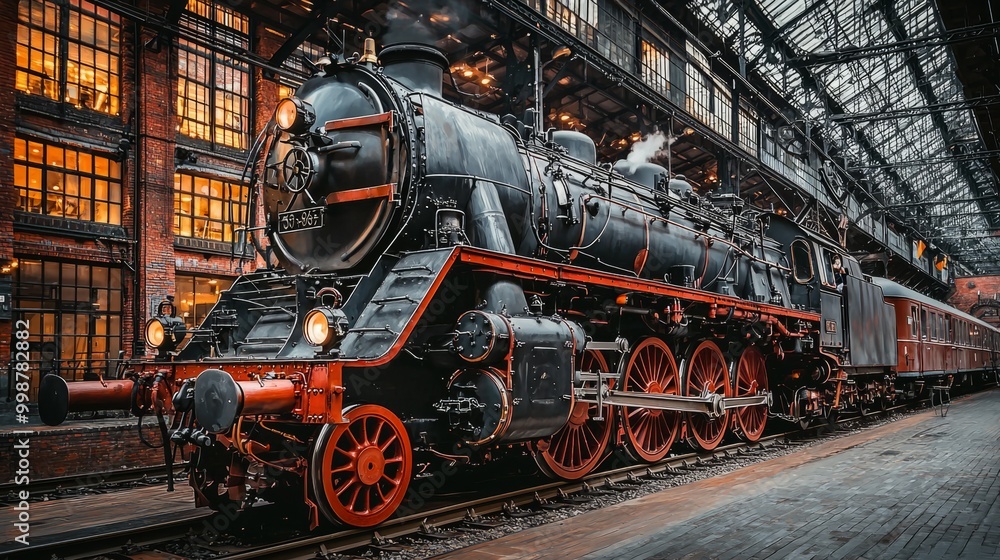 An old-fashioned steam locomotive chugs along a set of railroad tracks, emitting a plume of steam An old-fashioned steam locomotive chugs along a set of railroad tracks, emitting a plume of steam