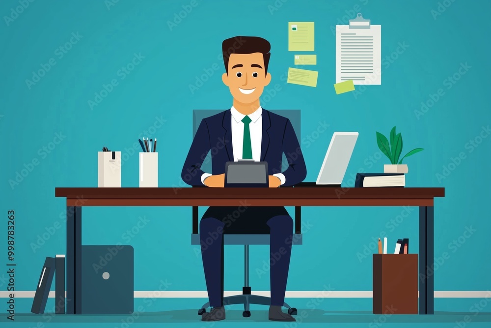 A professional man working diligently at an organized desk in a modern office setting A professional man working diligently at an organized desk in a modern office setting