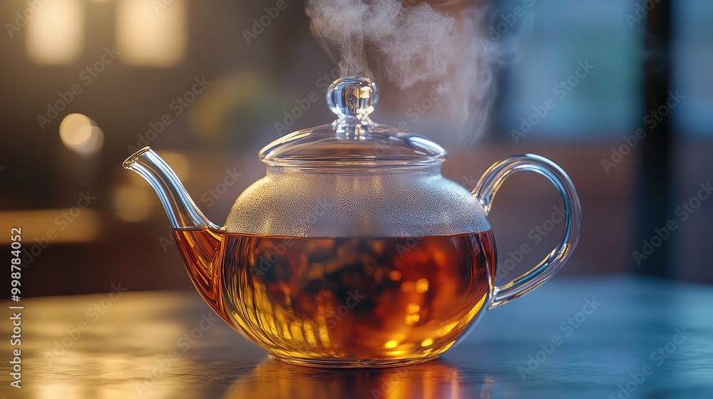 A translucent glass teapot, with tea brewing inside, steam gently rising A translucent glass teapot, with tea brewing inside, steam gently rising