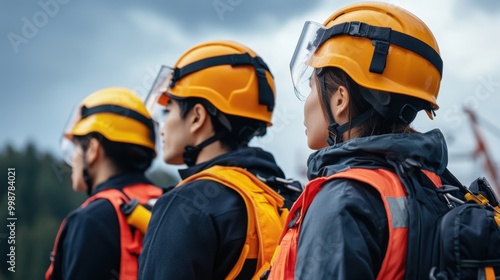 Team of Workers in Safety Helmets at Outdoor Site