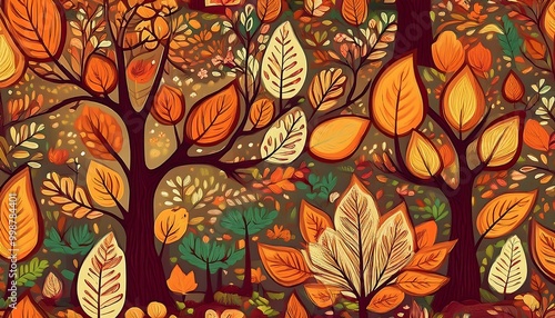 Explore a whimsical forest filled with colorful cartoon trees and cheerful bushes, celebrating nature's joyful harvest season. Generative AI