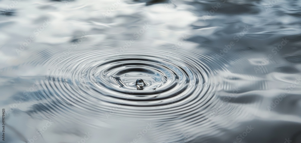 A close-up of raindrops creating ripples in a calm pond, reflecting the gray storm clouds above A close-up of raindrops creating ripples in a calm pond, reflecting the gray storm clouds above