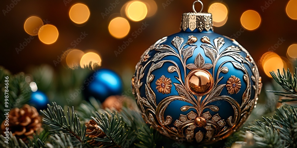 Elegant blue Christmas ornament with gold detailing, hung on a tree branch with holiday lights in the background. Elegant blue Christmas ornament with gold detailing, hung on a tree branch with holiday lights in the background.