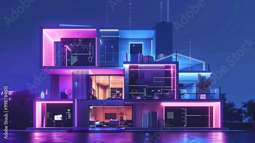 A futuristic, illuminated house showcasing modern architecture with vibrant colors and digital elements.