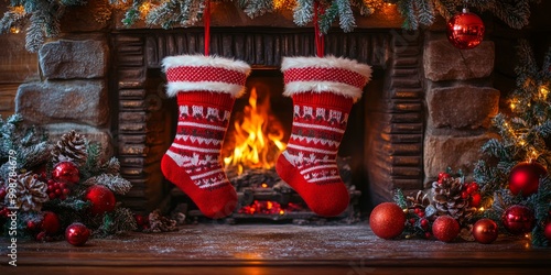 Cozy Christmas scene with two red stockings hung over a warmly lit fireplace surrounded by festive decorations.