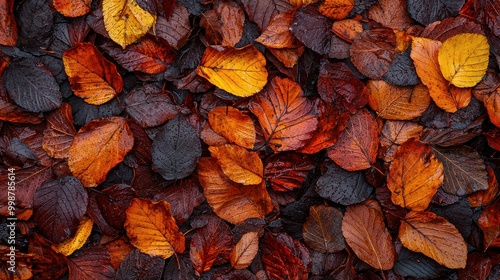 A detailed texture of fallen autumn leaves in shades of orange, red, and yellow, slightly damp from morning dew. The diverse shapes and colors create a natural pattern photo