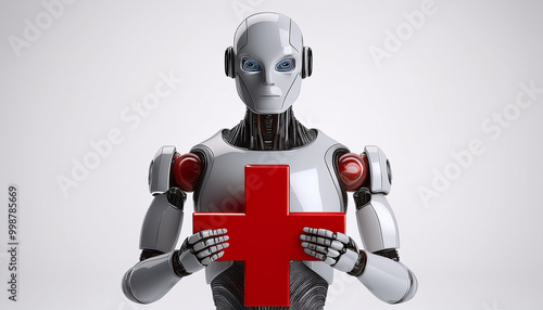 3d futuristic android illustration. Humanoid robot standing with a big red cross. Isolated