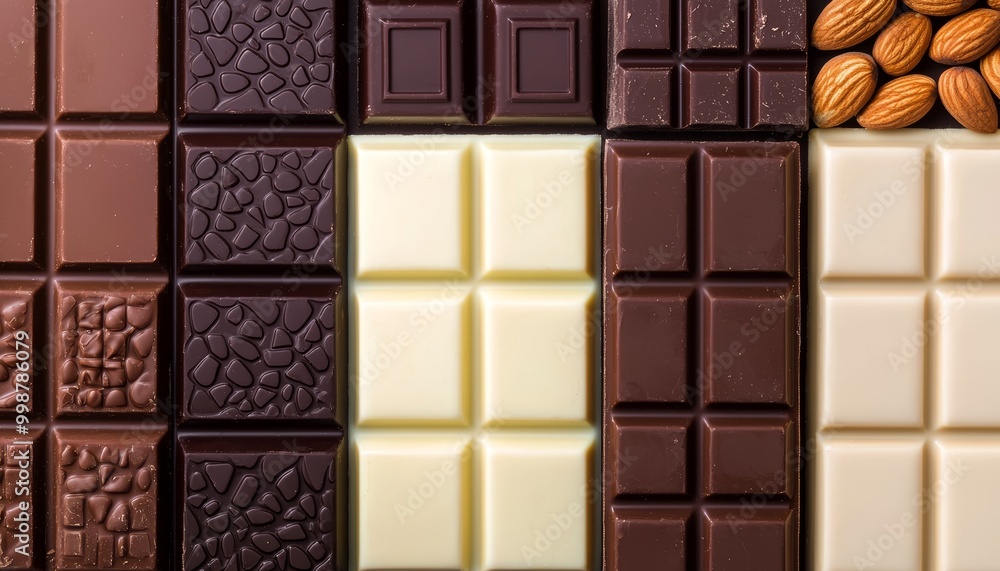 An array of chocolate bars in diverse styles and flavors, from classic milk chocolate to nut-filled and dark varieties, illustrating the richness of gourmet chocolate An array of chocolate bars in diverse styles and flavors, from classic milk chocolate to nut-filled and dark varieties, illustrating the richness of gourmet chocolate