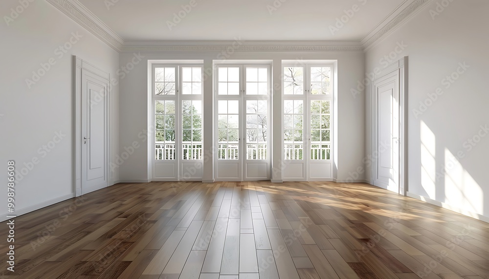 Fototapeta premium Interior of a new apartment, white walls, hardwood floor