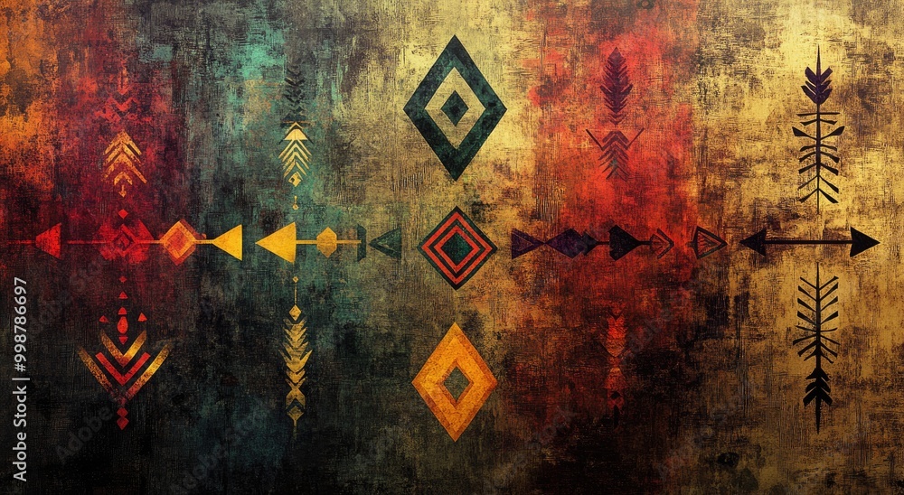 Fototapeta premium Abstract geometric patterns in vibrant colors on a textured background.