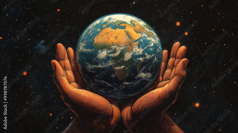 Two hands gently holding a miniature globe against a space background, in a 3D illustration focused on themes of conservation and sustainable growth Two hands gently holding a miniature globe against a space background, in a 3D illustration focused on themes of conservation and sustainable growth