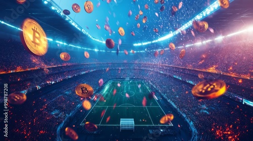 A vibrant stadium scene blending sports and cryptocurrency, showcasing the excitement of soccer with flying digital coins.