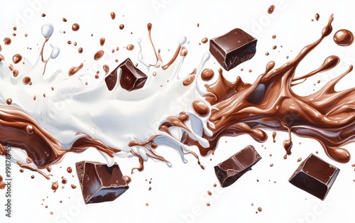 Creamy milk splashing with melted chocolate and large chunks, creating a dramatic, indulgent explosion of flavor and texture