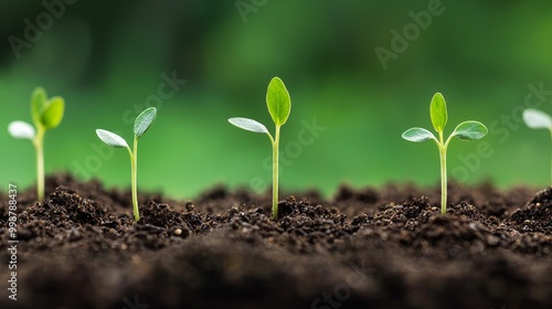 Green seedlings emerging from dark soil, natural growth scene.