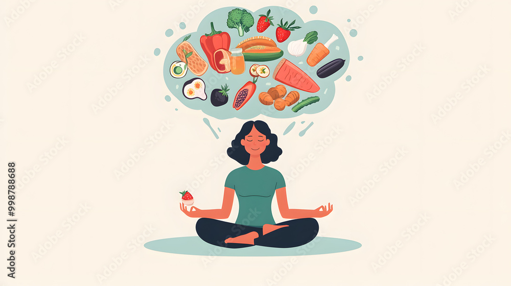 Healthy eating and mindfulness illustration, woman meditating with healthy food thoughts like vegetables, fruits, and nuts, wellness concept, balanced diet, healthy mind, nutritious lifestyle
Healthy eating and mindfulness illustration, woman meditating with healthy food thoughts like vegetables, fruits, and nuts, wellness concept, balanced diet, healthy mind, nutritious lifestyle