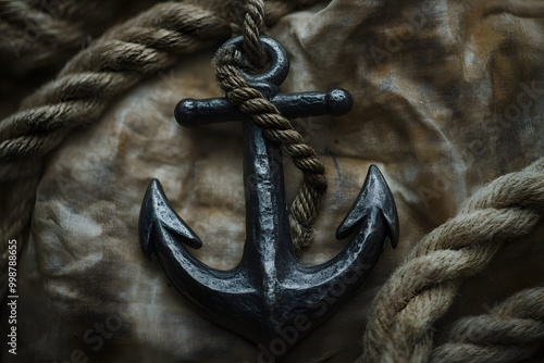 Nautical anchor close-up, rustic metal anchor with rope on vintage fabric background, maritime , sailing symbol, seafaring lifestyle, nautical art, oceanic heritage, marine accessory