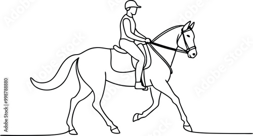 continuous line art drawing style horse rider, equestrian sports line art, galloping horse rider, horse racing vector illustration