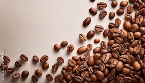coffee beans scattered on a light background with space for text
