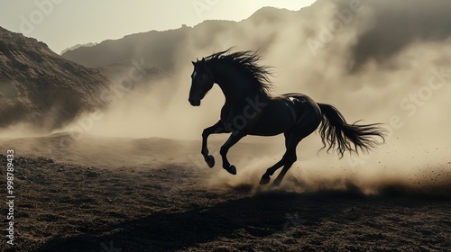 Wild Horse Galloping Across a Rugged Landscape with Expansive Backdrop