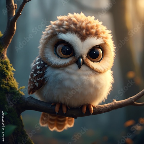 Tiny Owl on a Tree: Cute and Fantasy-Inspired Illustration photo