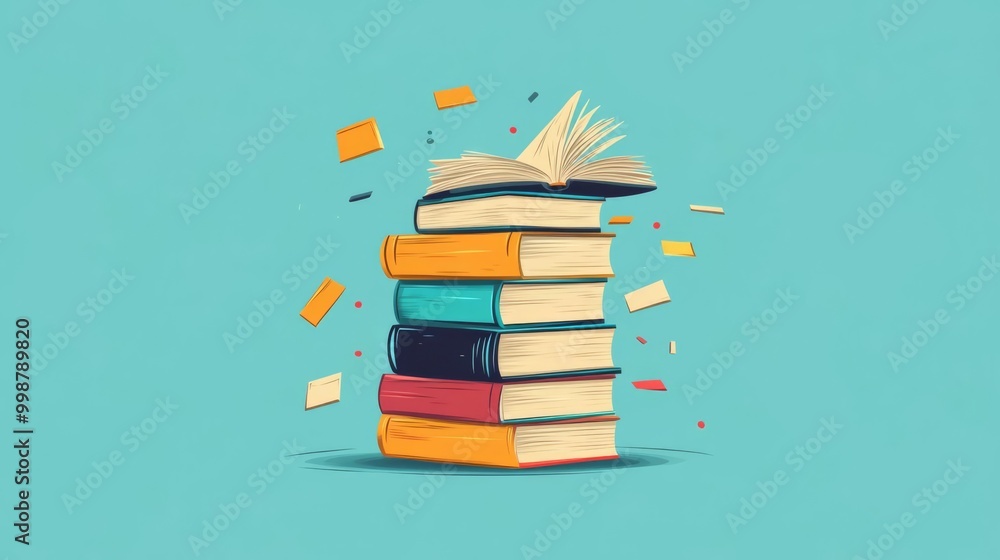Stack of colorful books with paper flying around, symbolizing knowledge, education, and the joy of reading. Vibrant teal background. Stack of colorful books with paper flying around, symbolizing knowledge, education, and the joy of reading. Vibrant teal background.