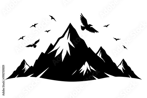  Mountain Silhouette with Birds Soaring Overhead Vector Illustration