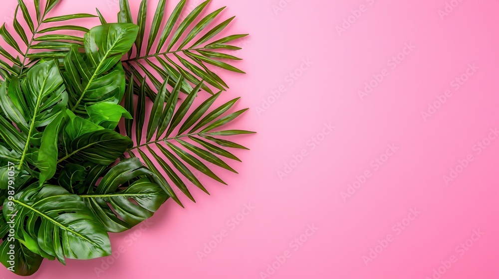 Vibrant green leaves against a soft pink background, perfect for nature-themed designs and tropical aesthetics. Vibrant green leaves against a soft pink background, perfect for nature-themed designs and tropical aesthetics.