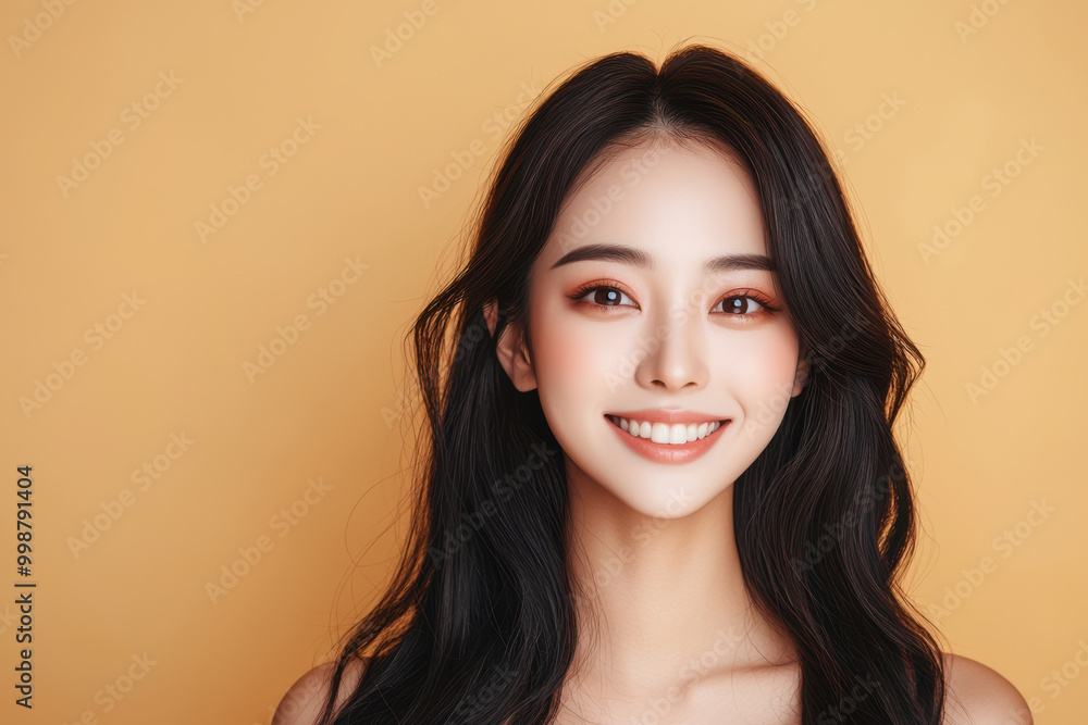 A joyful asian young woman with long black hair smiles brightly against a warm yellow background, embodying happiness and beauty. A joyful asian young woman with long black hair smiles brightly against a warm yellow background, embodying happiness and beauty.