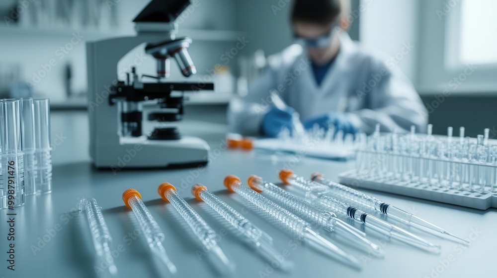 A detailed view of laboratory equipment, including pipettes and a microscope, illustrating scientific research in action. A detailed view of laboratory equipment, including pipettes and a microscope, illustrating scientific research in action.