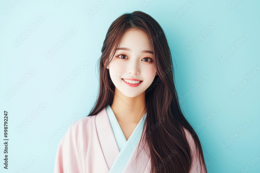 A cheerful asian woman in traditional attire smiles warmly against a light blue backdrop, showcasing beauty and cultural elegance. A cheerful asian woman in traditional attire smiles warmly against a light blue backdrop, showcasing beauty and cultural elegance.