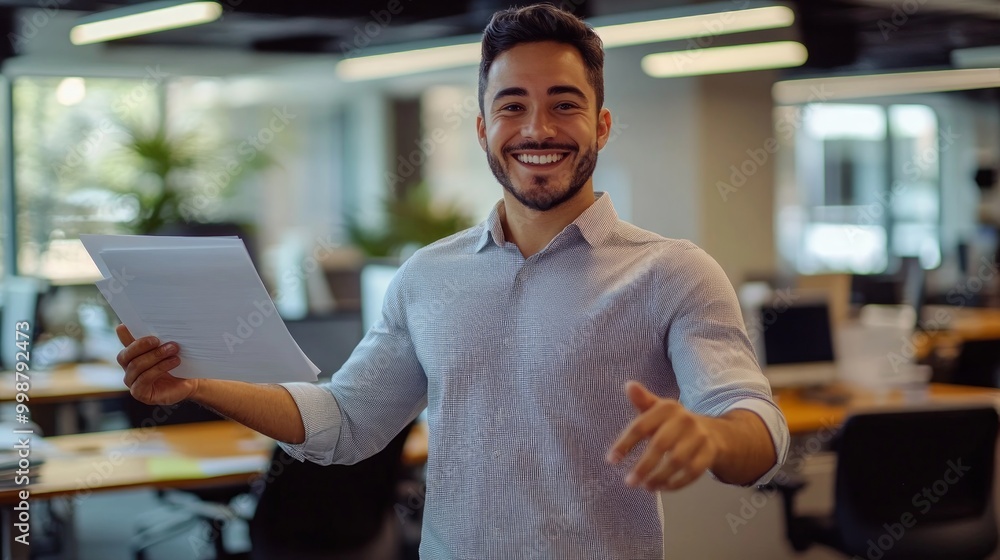 Fototapeta premium The man in the office smiles happily. With business success