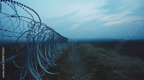 Amidst the twilight's embrace, a barrier of wire ensnares refugees. Broken spikes symbolize a transformative escape, bridging the gap between servitude and freedom. This fence signifies hope photo