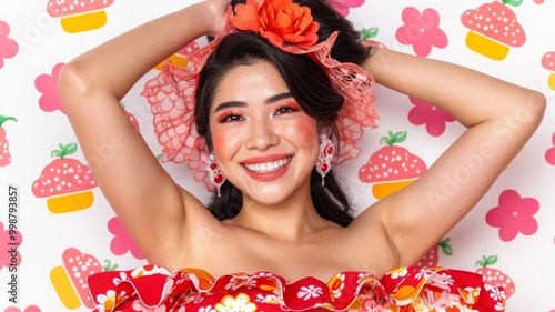 vibrant portrait of smiling woman in traditional festive attire, set against colorful background with cakes and flowers. joy and celebration photo