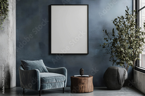 3D Render of a Mockup Poster Frame in a Close-Up View Against a Contemporary Interior Background photo