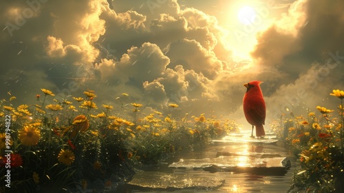 vibrant sunset scene with red bird perched in field of blooming yellow flowers, under sky filled with dramatic clouds. golden light, vivid colors and magical atmosphere
