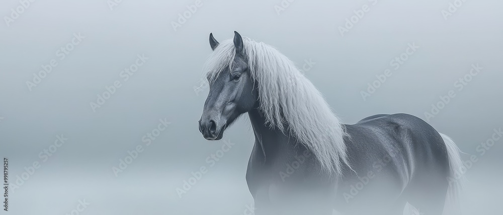 A black-and-white image of a horse with long mane, standing in a foggy field, gazes to its side A black-and-white image of a horse with long mane, standing in a foggy field, gazes to its side