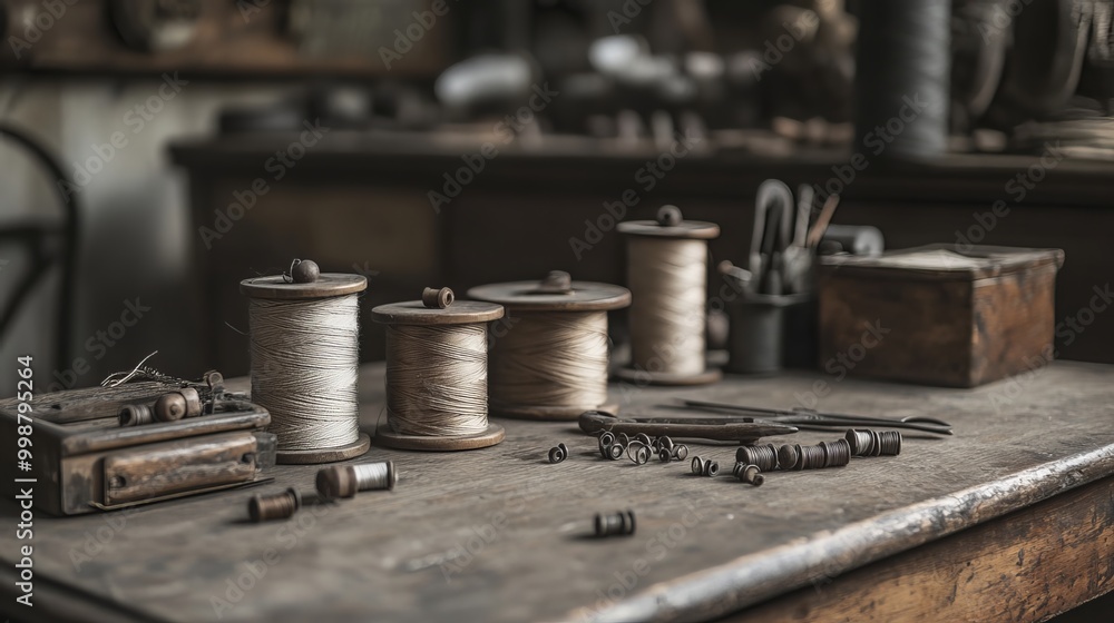 Antique wooden sewing thread reels and bobbins rest on a weathered worktable alongside scissors. This tailor's workstation evokes the nostalgic art of textile and fine cloth making Antique wooden sewing thread reels and bobbins rest on a weathered worktable alongside scissors. This tailor's workstation evokes the nostalgic art of textile and fine cloth making