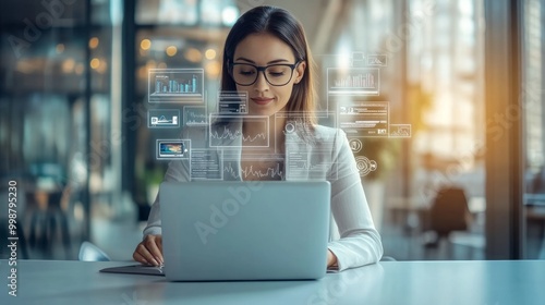 Beautiful professional business woman sitting at the table Smile while reading important documents with financial graphs and modular design. She wore a simple outfit. 