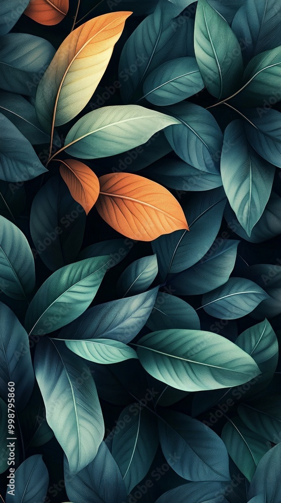 custom made wallpaper toronto digitalOrange Leaf in Greenery: A single vibrant orange leaf stands out amidst a lush backdrop of deep green foliage, creating a captivating contrast of color and texture.