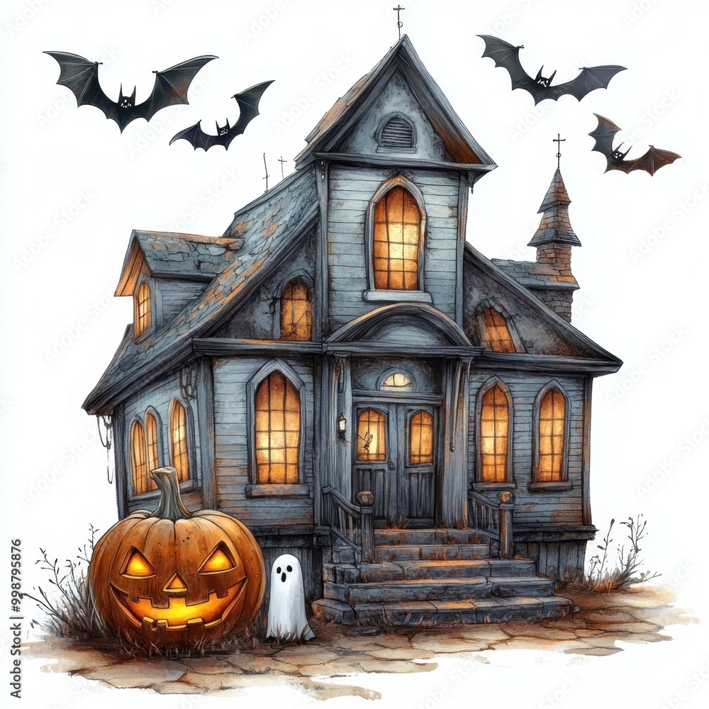 Spooky Halloween house with pumpkin and bats Spooky Halloween house with pumpkin and bats