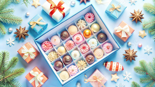 Beautiful assortment of colorful candies in a box