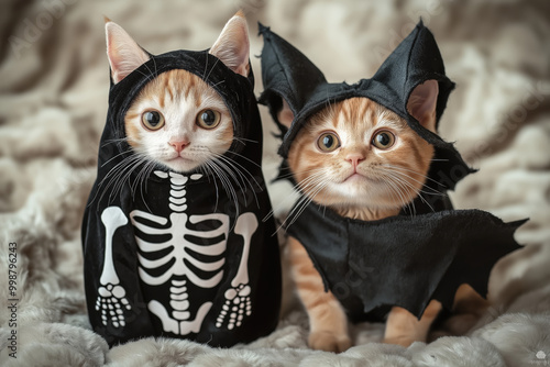 Two cats dressed in skeleton costumes. Halloween skeleton cats
Two cats wearing skeleton costumes, sitting together and ready to celebrate Halloween