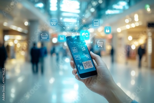 A person uses a smartphone amidst a vibrant, futuristic cityscape, with holographic data overlays highlighting technology and connectivity.