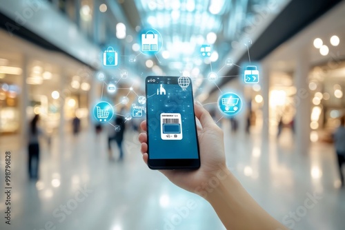 A person uses a smartphone amidst a vibrant, futuristic cityscape, with holographic data overlays highlighting technology and connectivity.