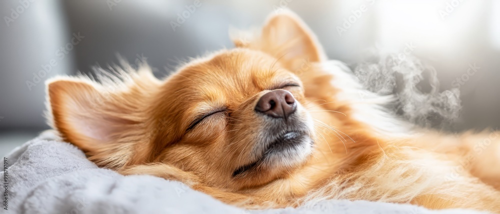 A tight shot of a dog reclining on a bed, its head atop a pillow, eyes shut A tight shot of a dog reclining on a bed, its head atop a pillow, eyes shut