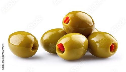 Green Spanish olives - Olea europaea - stuffed with red pimiento peppers is a major agricultural importance in the Mediterranean region as the source of olive oil isolated on white background