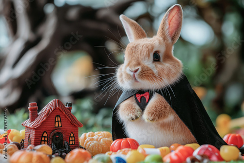 Rabbit in vampire cape with pumpkins. Halloween vampire rabbit
A rabbit dressed in a vampire cape, sitting next to Halloween pumpkins, enjoying the spooky season photo