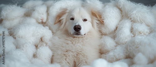  A dog lies in a mound of fluffy, white blankets, with a cat atop it, peacefully sleeping