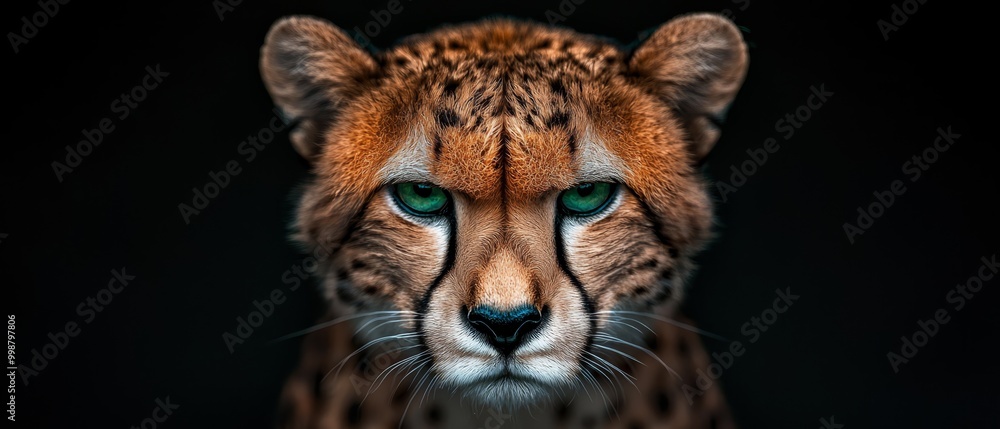 A tight shot of a Cheetah's intense green eyes against a black backdrop A tight shot of a Cheetah's intense green eyes against a black backdrop