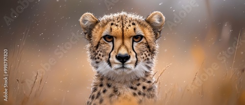  A crisp close-up of a Cheetah's expressive face amidst tall grasses Snowflakes delicately punctuate the scene